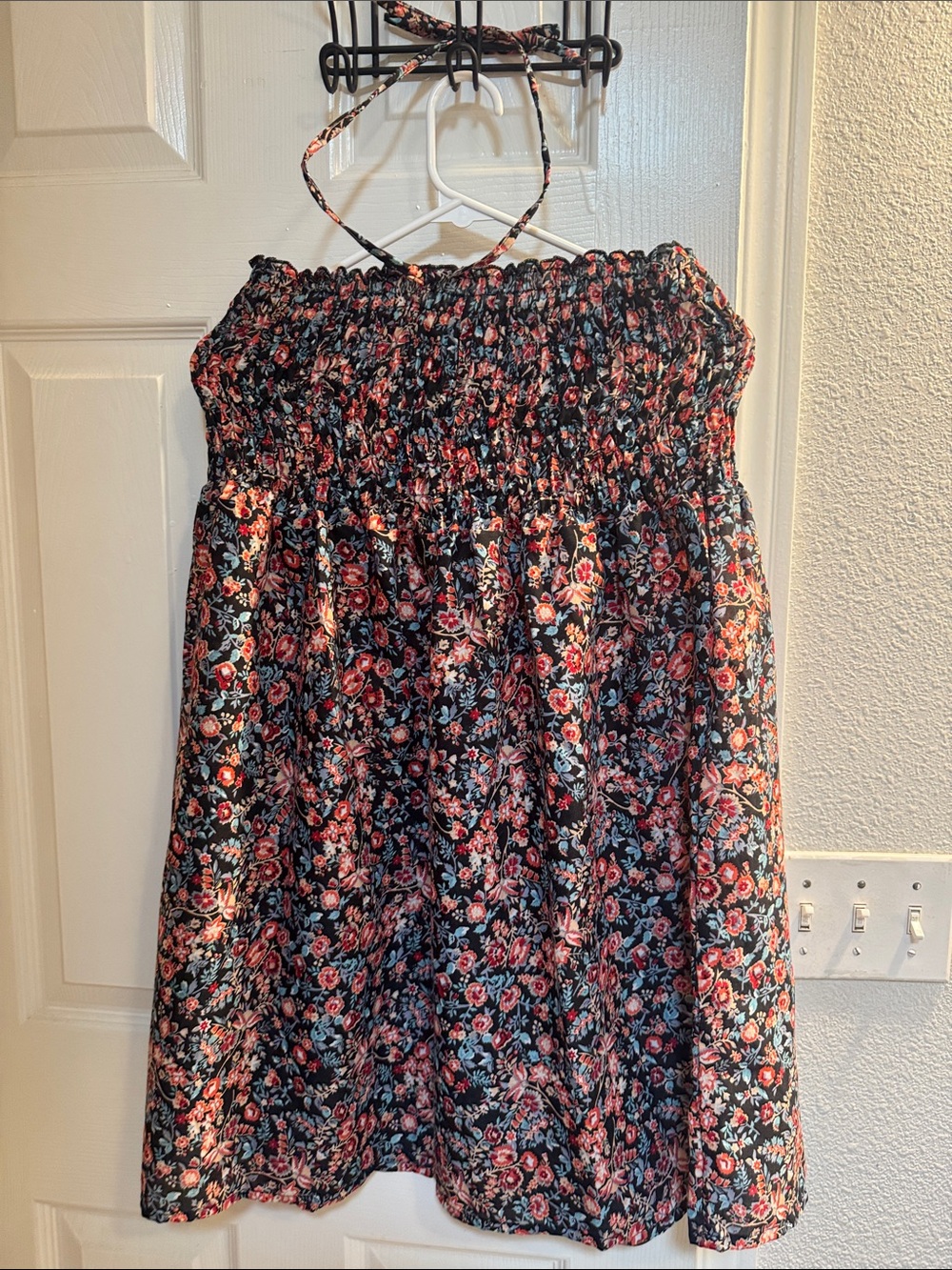 Smocked Floral A-Line Skirt in Black with Pink